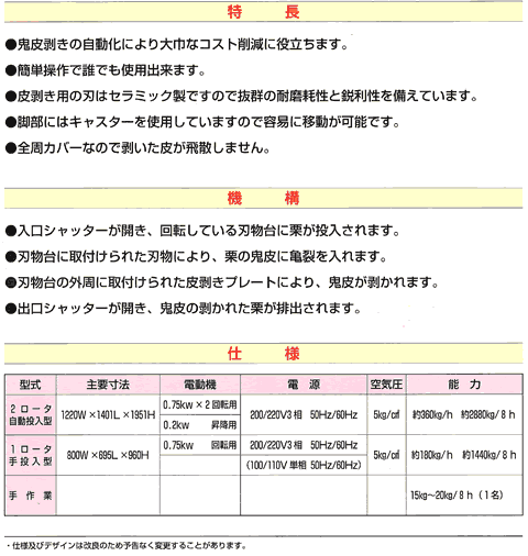 特徴
鬼皮剥ぎの自動化により大幅なコスト削減に役立ちます。
簡単操作で誰でも使用できます。
皮剥ぎ用の刃はセラミック製ですので抜群の耐摩耗性と鋭利性を備えています。
脚部にはキャスターを使用していますので容易に移動が可能です。
全周カバーなので剥いた皮が飛散しません。
機構
仕様